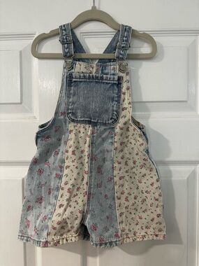Zara Blue Denim & Cream Floral Patch Shortalls